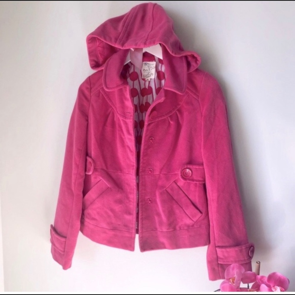 Anthropologie Tulle Barbie Pink Hooded Hip Length Pea Coat Small